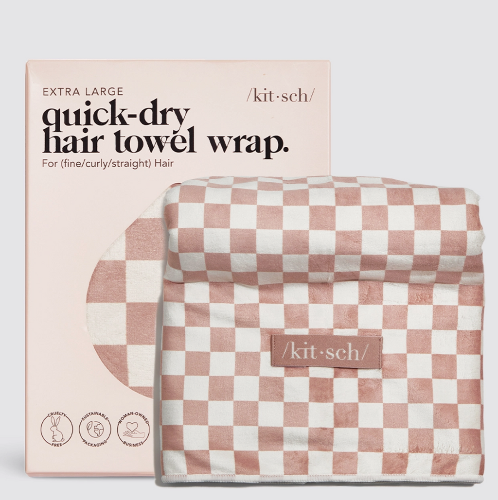 XL Quick-Dry Hair Towel Wrap- Terracotta Checker