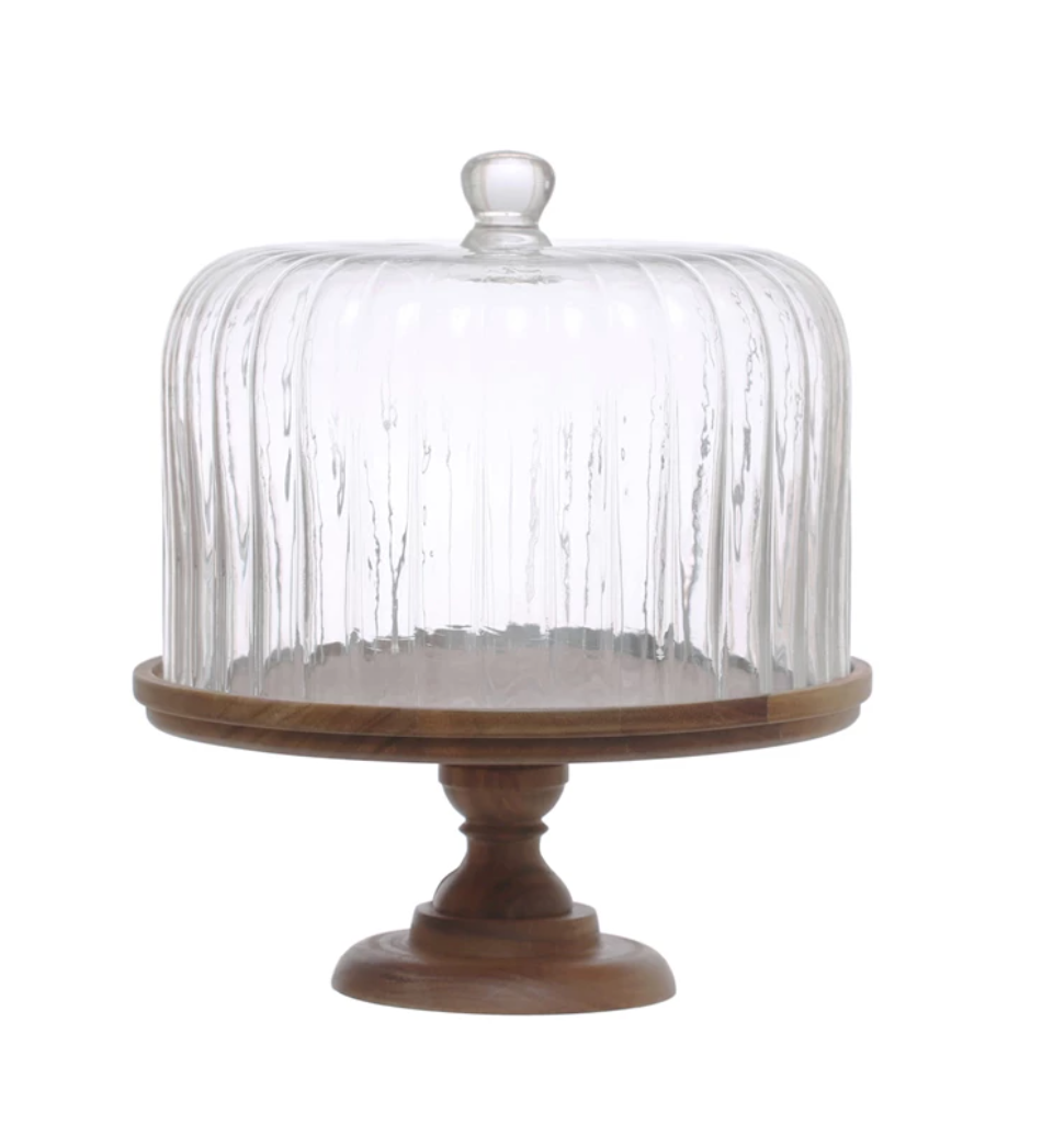 Acacia Wood Pedestal w/ Fluted Glass Cloche