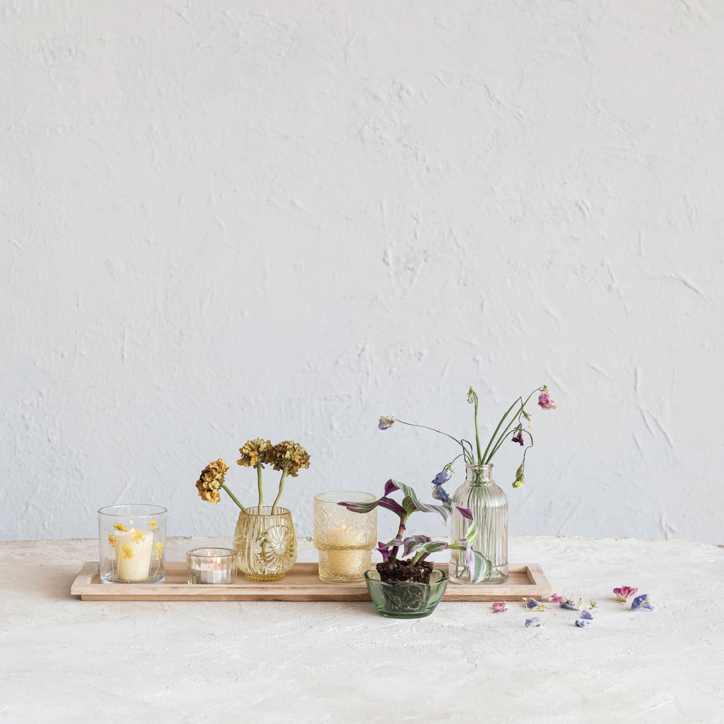 Wood Tray w/ Embossed Glass Votives